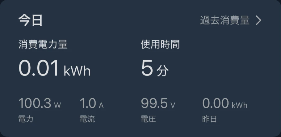 奥様のPCがアイドル時に100.3Wを消費しているSwitchBotアプリ画面