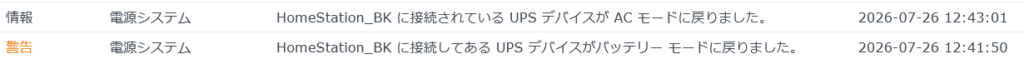 バックアップNAS側の通知ログ。メインNASと同じ12時41分50秒にバッテリーモードへ切り替わっている記録